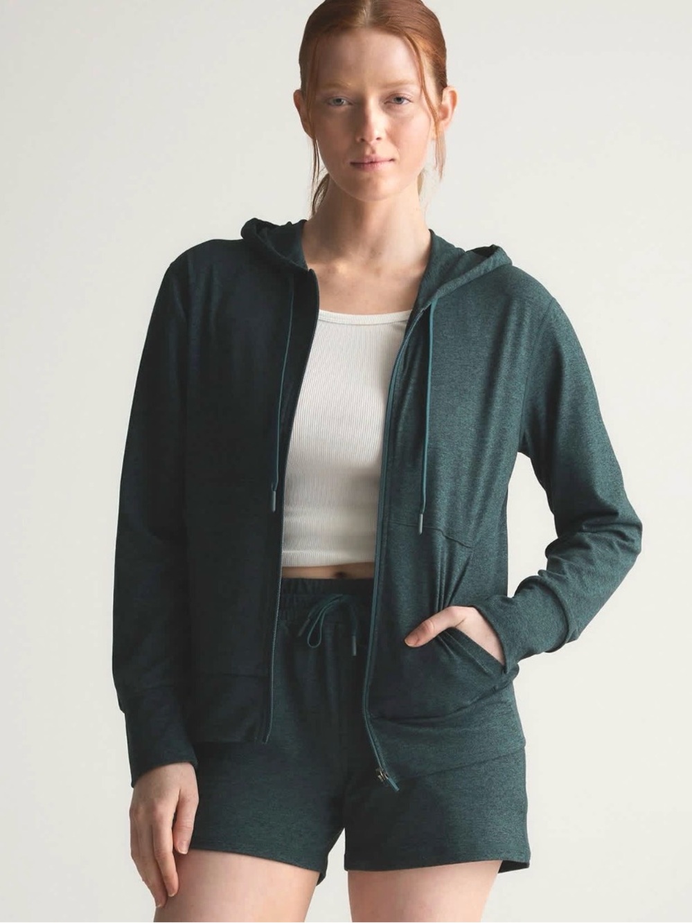 Quince Activewear Flow Knit Zip Hoodie Heather Green Size S Like New